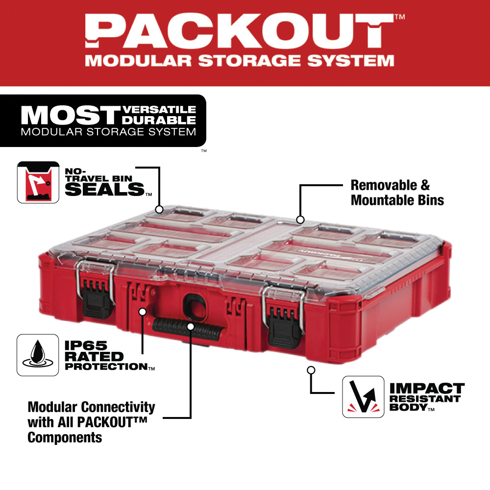 Milwaukee PACKOUT 48-22-8430 Organizer, 75 lb, 19.7 in L, 15.2 in W, 4.6 in H, 10-Compartment, Plastic, Red - 2