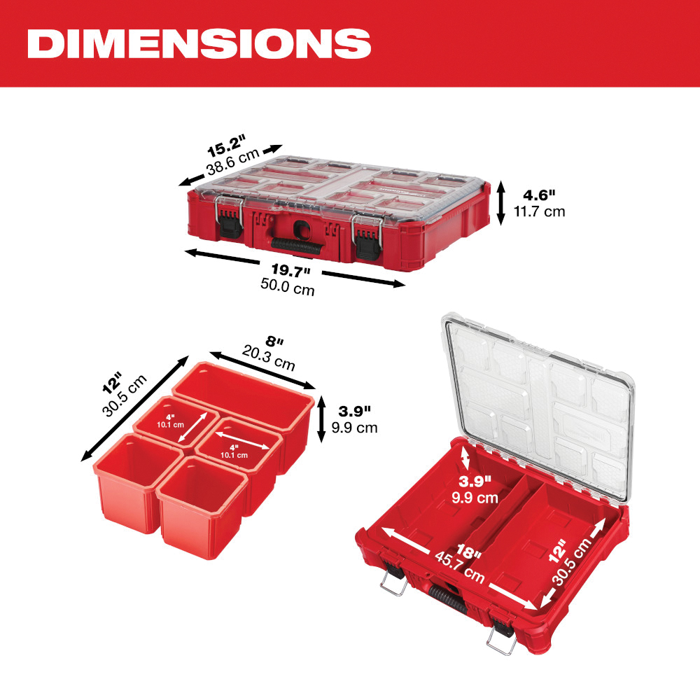 Milwaukee PACKOUT 48-22-8430 Organizer, 75 lb, 19.7 in L, 15.2 in W, 4.6 in H, 10-Compartment, Plastic, Red - 3