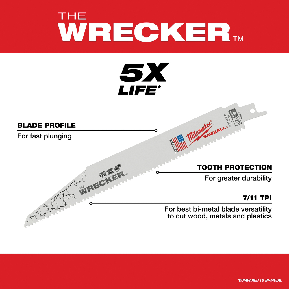 Milwaukee The WRECKER 48-01-2706 Reciprocating Saw Blade, 1 in W, 9 in L, 7/11 TPI, HSS Cutting Edge - 4