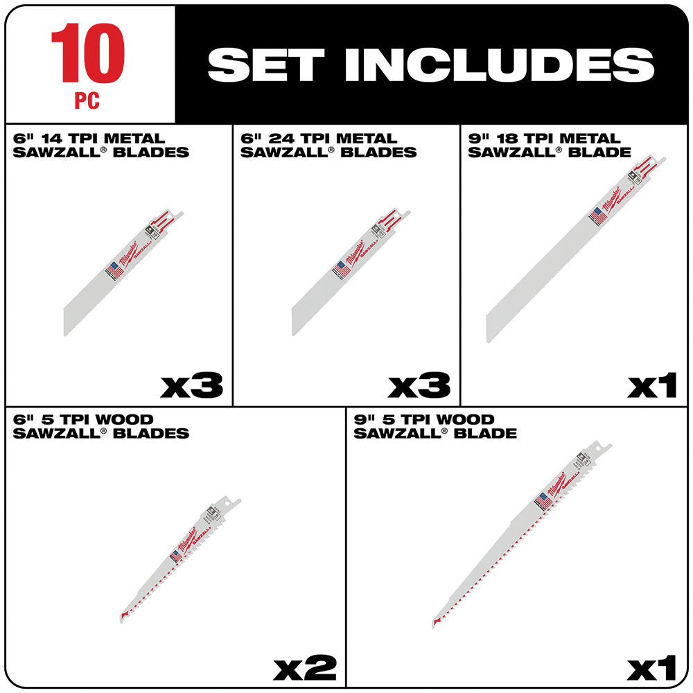 Milwaukee 49-22-1110 Reciprocating Saw Blade Set, 10-Piece, Bi-Metal, White - 2