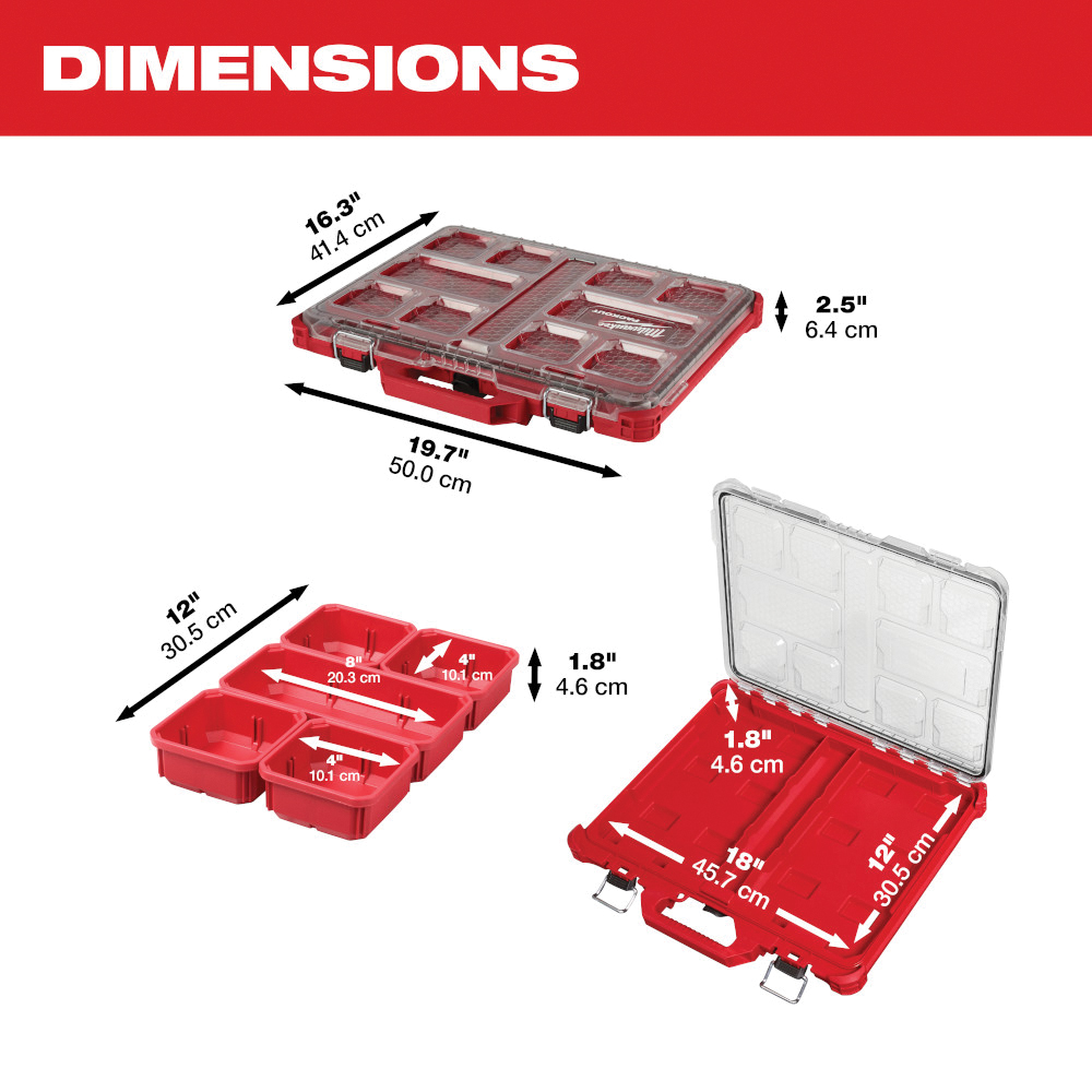 Milwaukee PACKOUT 48-22-8431 Organizer, 39 cu-in, 19.7 in L, 16.3 in W, 2-1/2 in H, 10-Compartment, Plastic, Red - 2