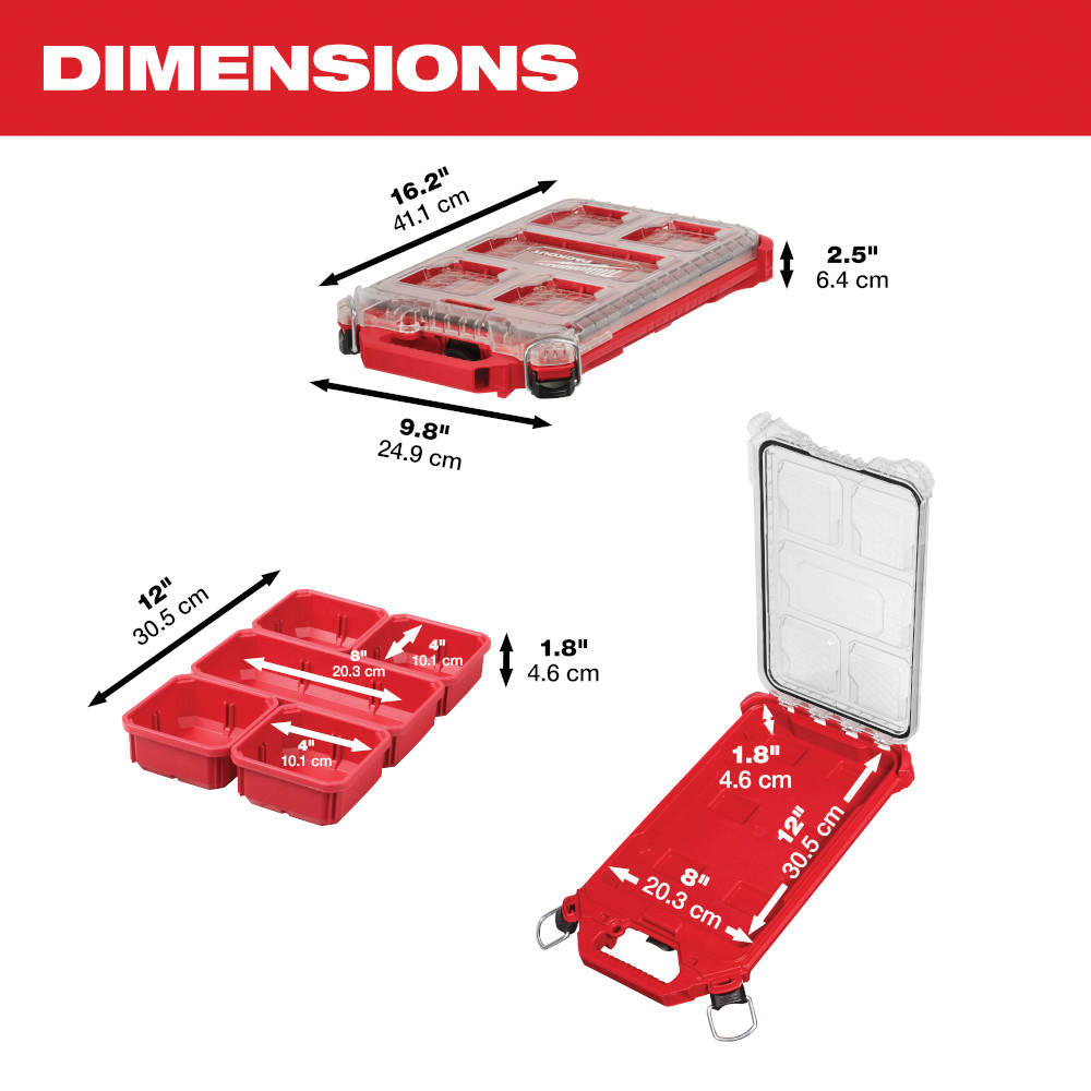 Milwaukee PACKOUT 48-22-8436 Organizer, 173 cu-in, 9.8 in L, 16.2 in W, 2-1/2 in H, 5-Compartment, Plastic, Red - 2