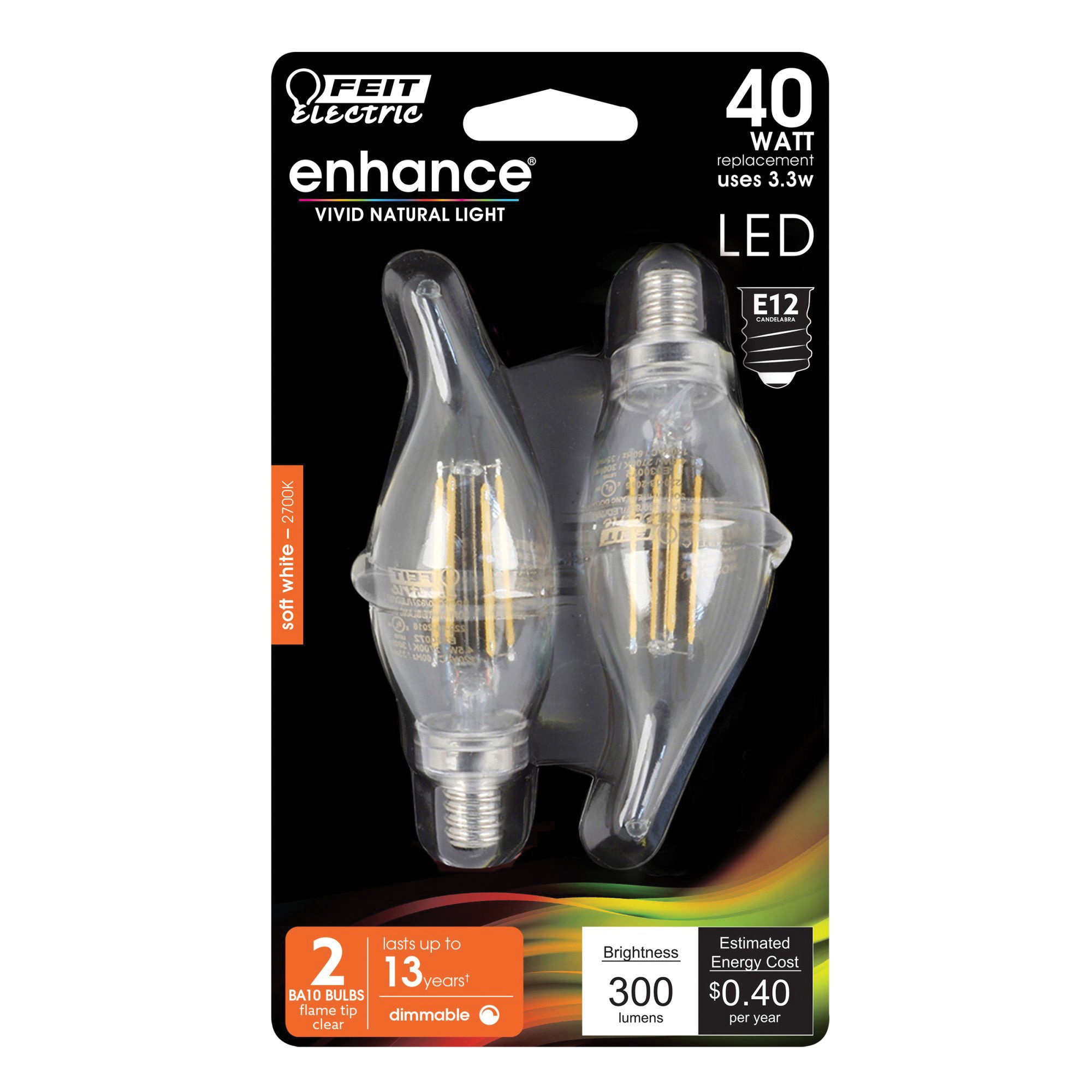 Feit Electric BPCFC40/927CA/FIL/2 LED Bulb, 120 V, 300 Lumens, 3.3 W, Flame Tip Lamp, 40 W Equivalent, Dimmable, 2/PK - 2
