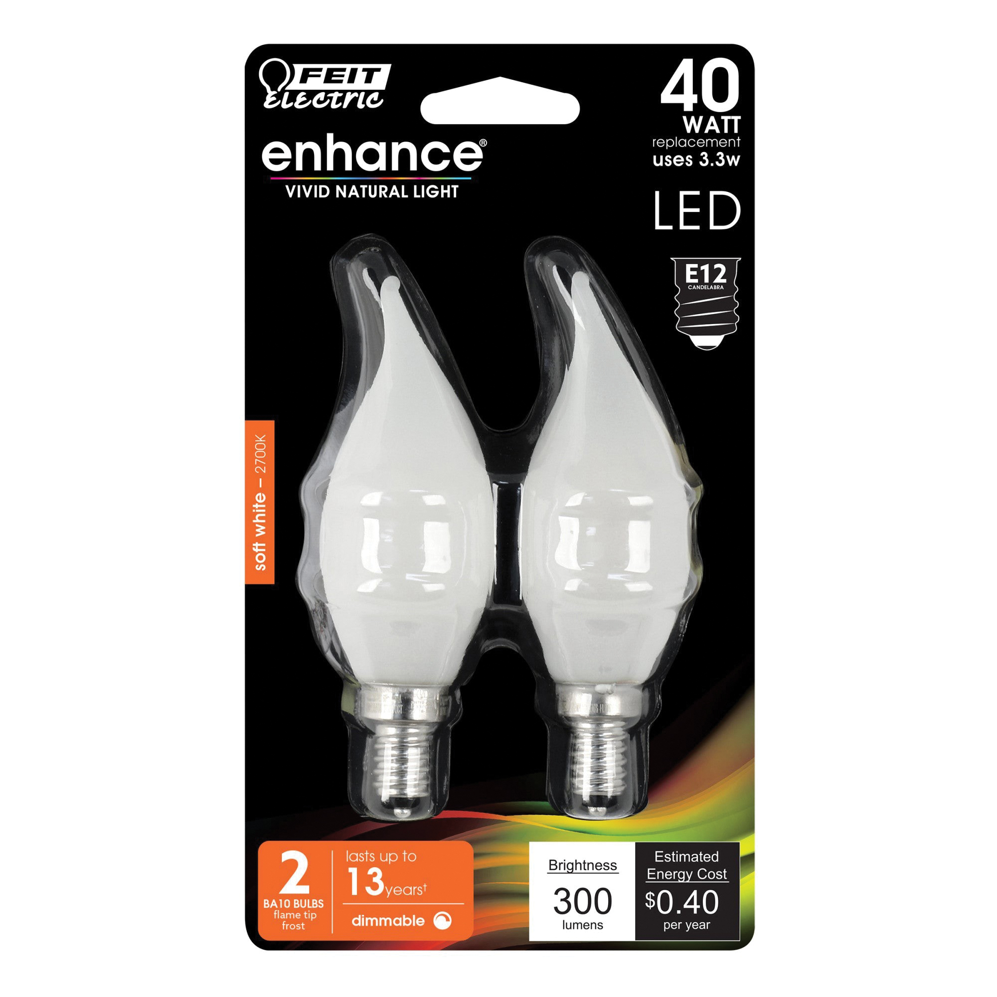 Feit Electric BPCFF40/927CA/FIL/2 Filament LED Bulb, Decorative, BA10 Lamp, 40 W Equivalent, E12 Candelabra Lamp Base - 2