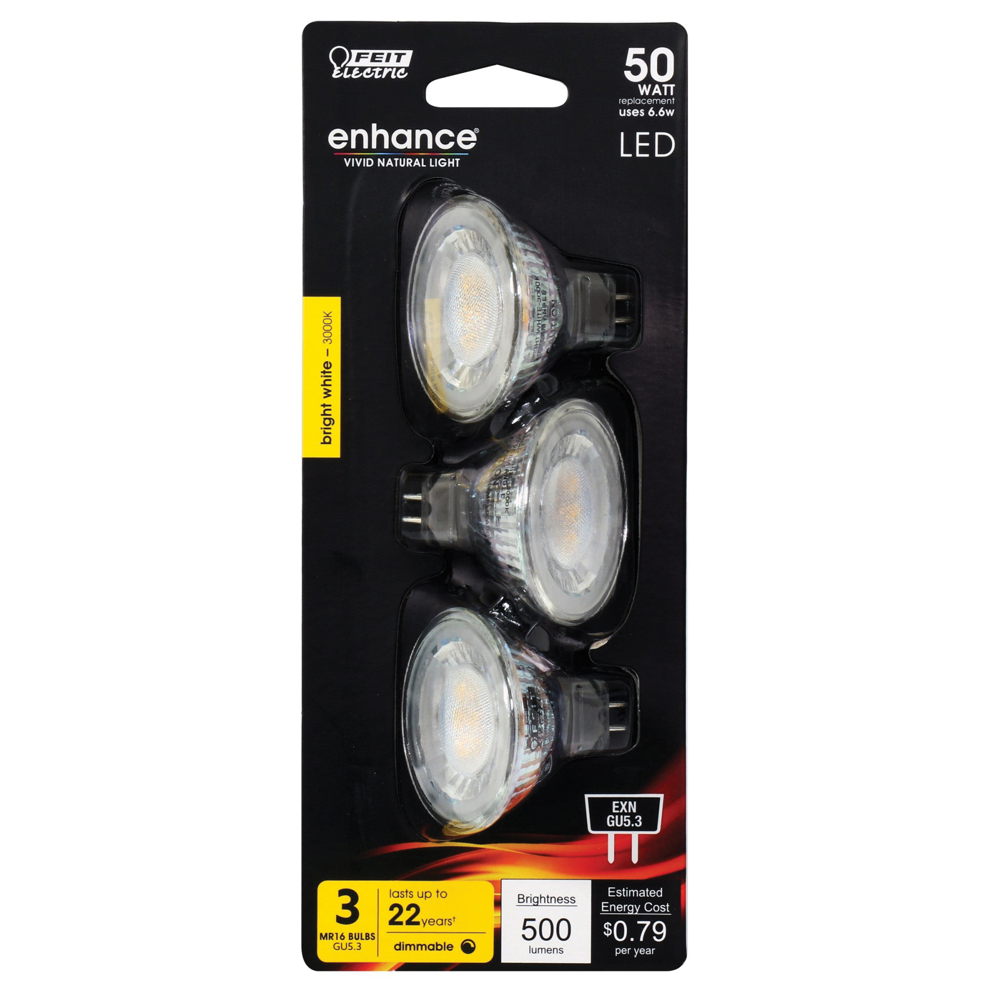 Feit Electric BPEXN/930CA/3 LED Bulb, Track/Recessed, 500 Lumens, 6.6 W, MR16 Lamp, 50 W Equivalent, Soft White, 3/PK - 2