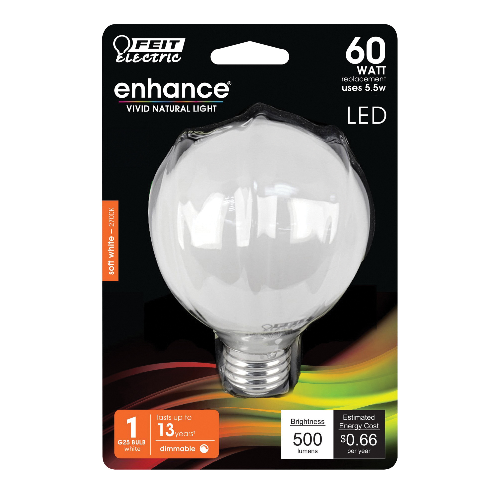 Feit Electric BPG2560W/927CA/FIL Filament LED Bulb, Globe, G25 Lamp, 60 W Equivalent, E26 Medium Lamp Base, Dimmable - 2