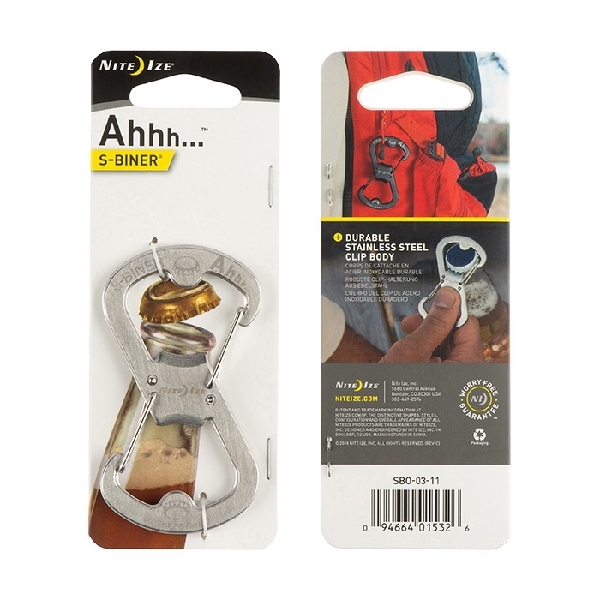 Nite Ize Ahhh, S-Biner SBO-03-11 Carabiner Bottle Opener, 3.18 in OAL, Stainless Steel, Silver, Textured - 2