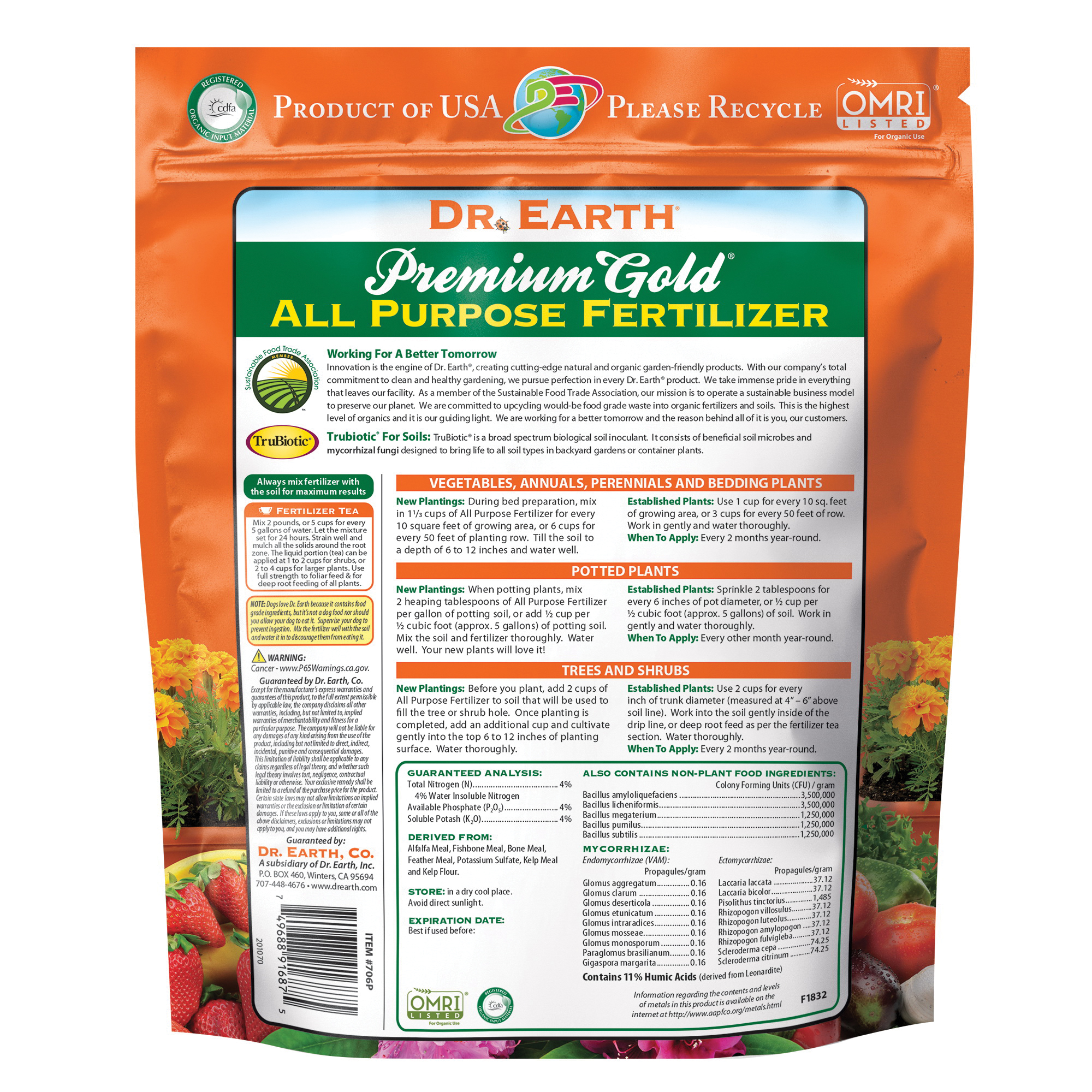 Dr. Earth 706P All-Purpose Fertilizer, 4 lb, Granular, 4-4-4 N-P-K Ratio - 2