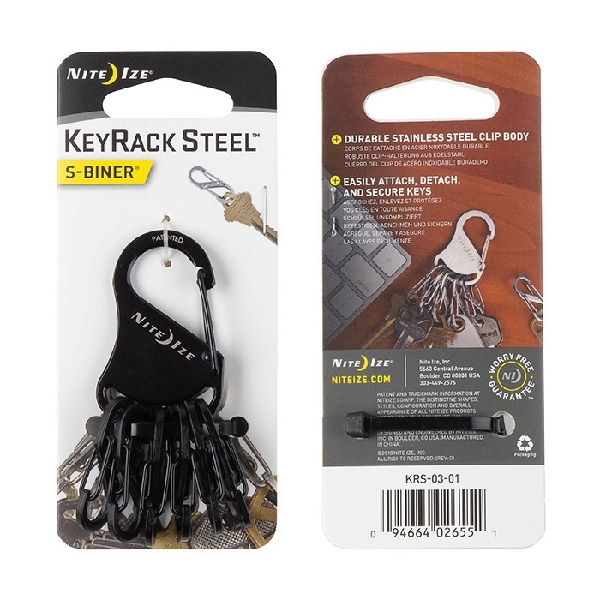 Nite Ize S-Biner Series KRS-03-01 Carabiner Key Rack, 3 in OAL, #0.5 Dia Ring, Stainless Steel, Black - 2