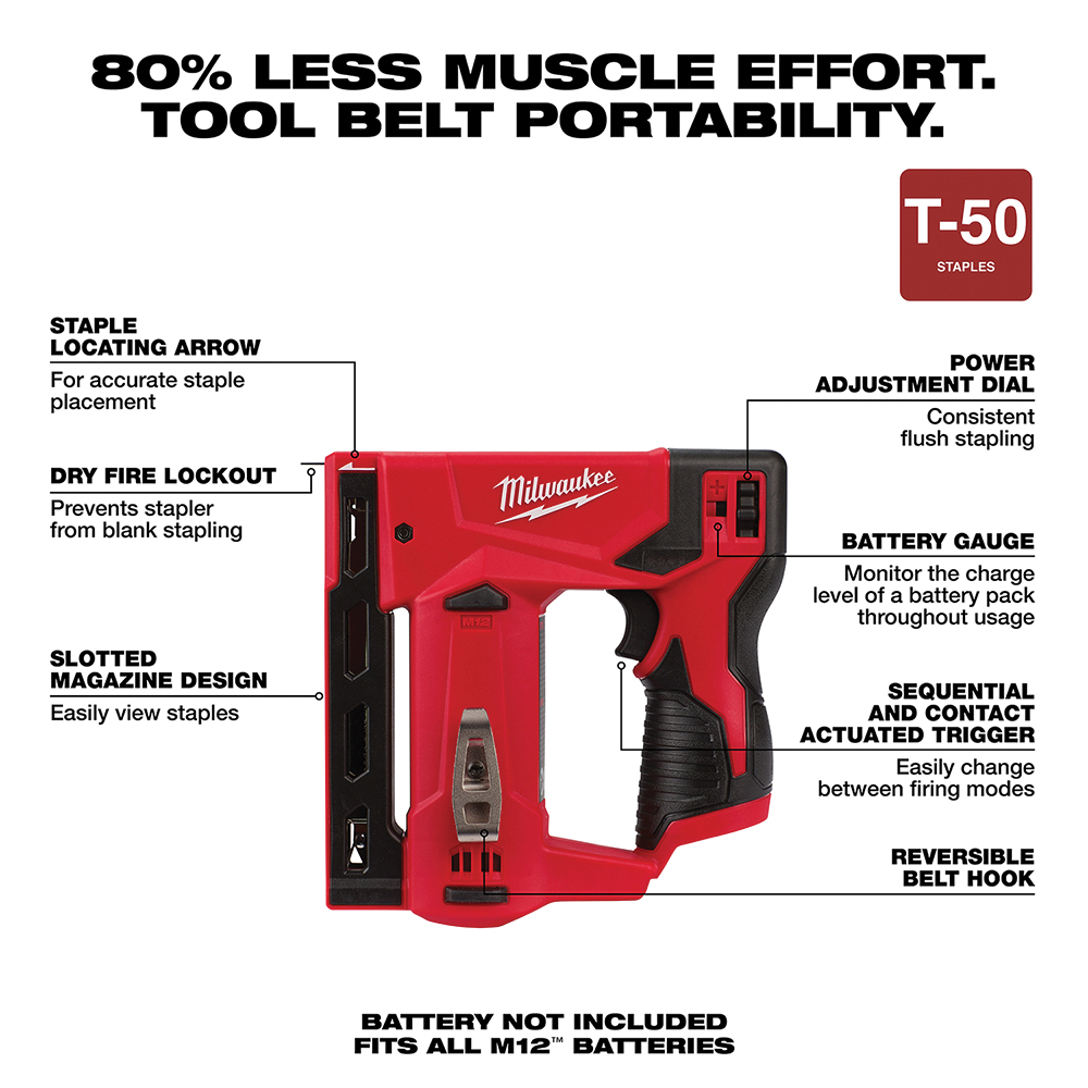 Milwaukee 2447-20 Crown Stapler, Tool Only, 1.5 Ah, 3/8 in W Crown, 1/4 to 9/16 in L Leg, Flat Crown Staple, 89 Magazine - 3