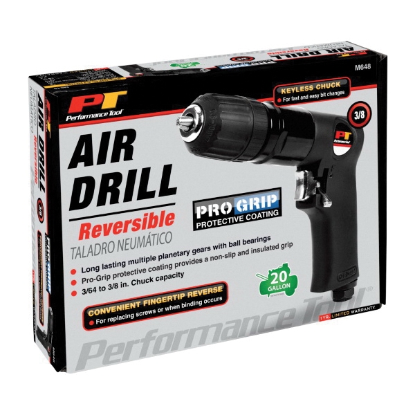 Performance Tool M648 Air Drill, 3/8 in Chuck, Keyless Chuck, 1800 rpm No Load, 4 cfm Air - 4