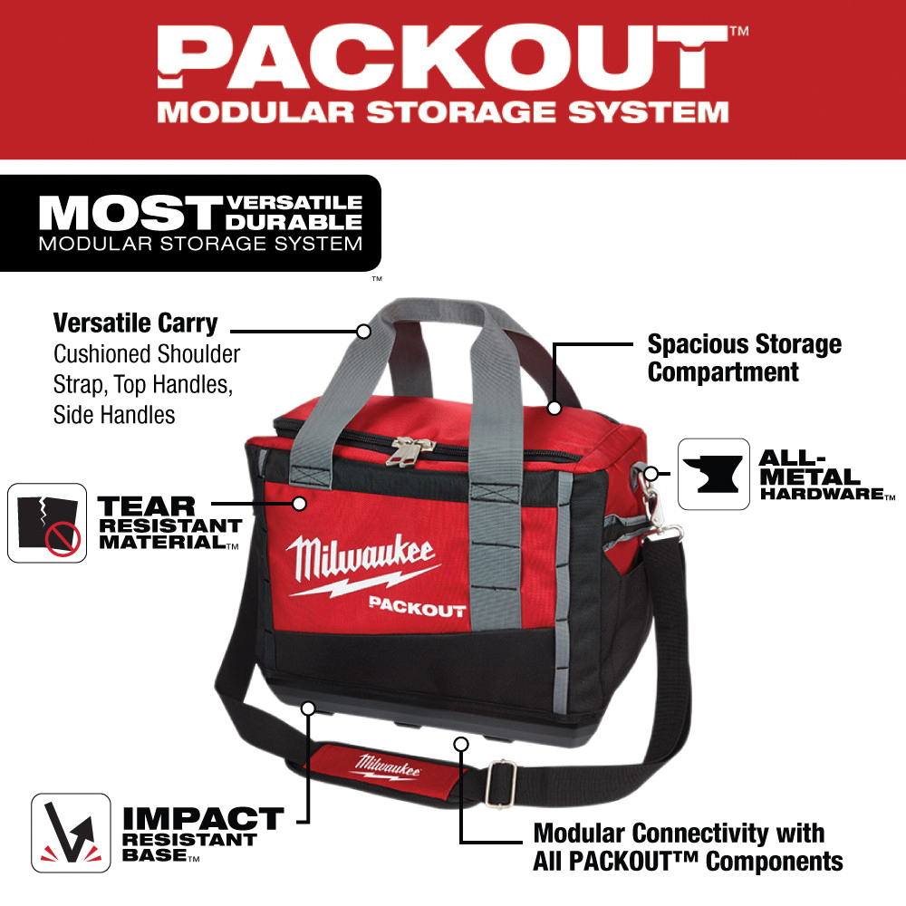 Milwaukee PACKOUT 48-22-8321 Tool Bag, 9.6 in W, 15 in D, 12.2 in H, 2-Pocket, Polyester, Black/Red - 2