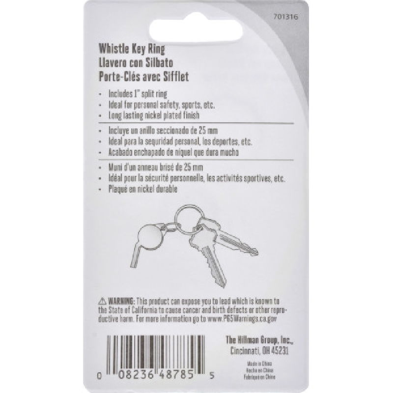 Hillman 701316 Whistle Key Ring, 1 in Ring, Stainless Steel Case, Nickel-Plated - 3