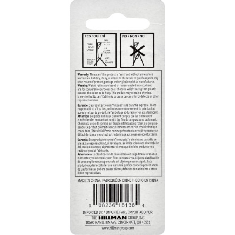 Hillman 121100 Picture Hanger, 100 lb, Steel, Zinc-Plated - 3