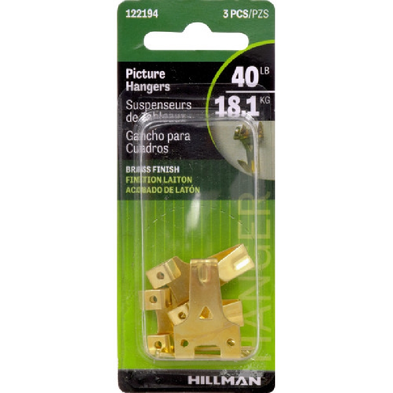 Hillman 122194 Picture Hanger, 40 lb, Brass, Nail - 2