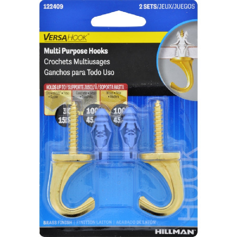 Hillman 122409 Versa Ceiling Hook, Brass, 75 lb Working Load, 2/PK - 2
