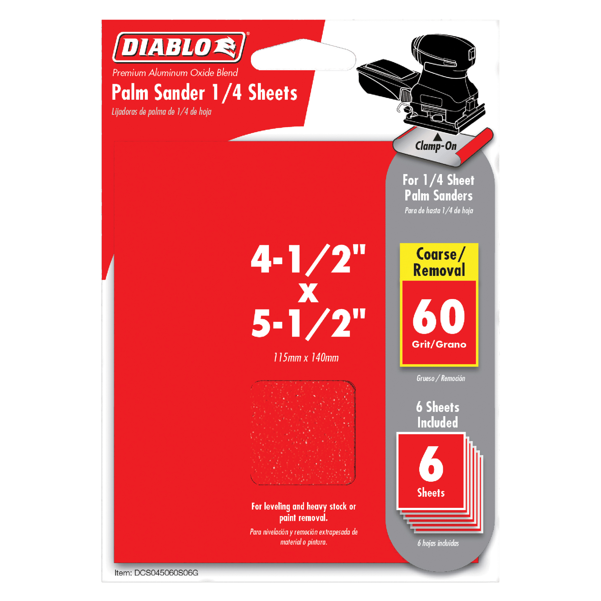 Diablo DCS045060S06G Palm Sander Sheet, 4-1/2 in W, 5-1/2 in L, 60 Grit, Coarse, Aluminum Oxide Abrasive, Paper Backing - 2