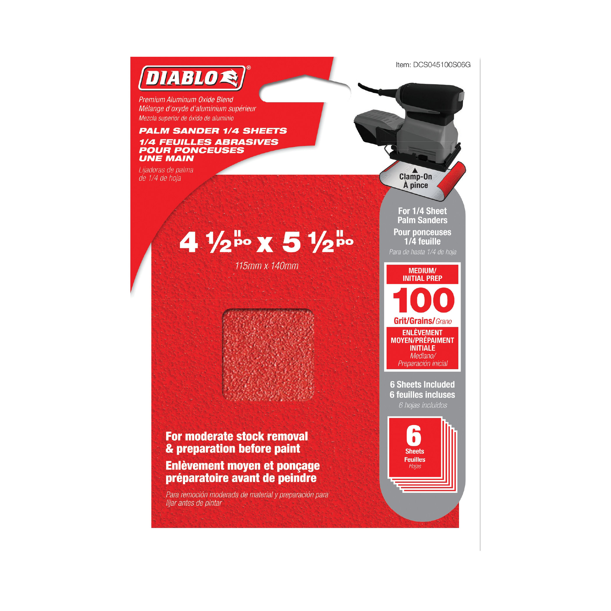 Diablo DCS045100S06G Palm Sander Sheet, 4-1/2 in W, 5-1/2 in L, 100 Grit, Medium, Aluminum Oxide Abrasive, Paper Backing - 2
