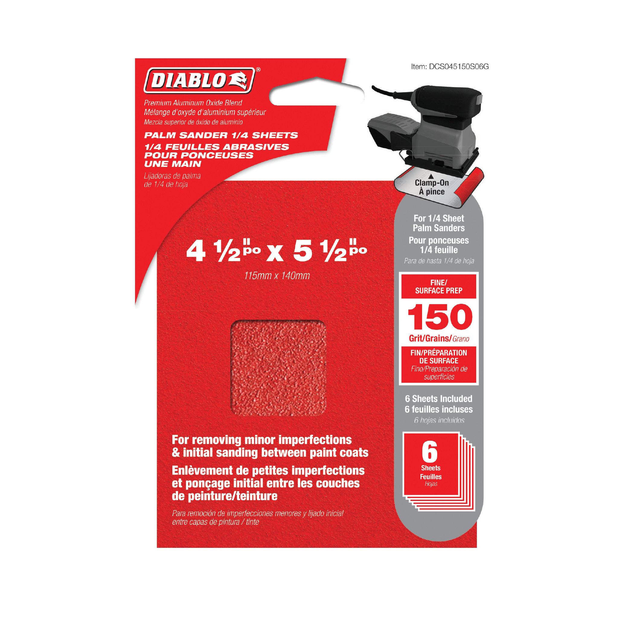 Diablo DCS045150S06G Palm Sander Sheet, 4-1/2 in W, 5-1/2 in L, 150 Grit, Fine, Aluminum Oxide Abrasive, Paper Backing - 2