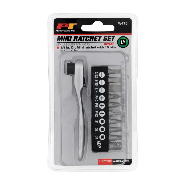 Performance Tool W475 Mini Ratchet with Bits, 1/4 in Drive, Chrome-Plated - 2