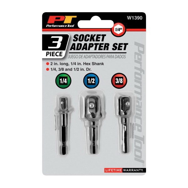 Performance Tool W1390 Socket Adapter, 1/4, 3/8, 1/2 in Drive, 2 in L, Chrome-Plated - 2