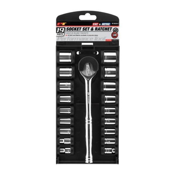 Performance Tool W38301 Socket Set, Vanadium Alloy Steel, Chrome-Plated, Specifications: 3/8 in Drive - 2