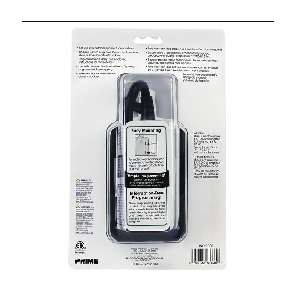 Prime TNOLED02 LED Countdown Timer, 15 A, 125 V, 1875 W, 2 -Outlet, 2, 4, 6, 8, 12 hr Time Setting, Black - 2