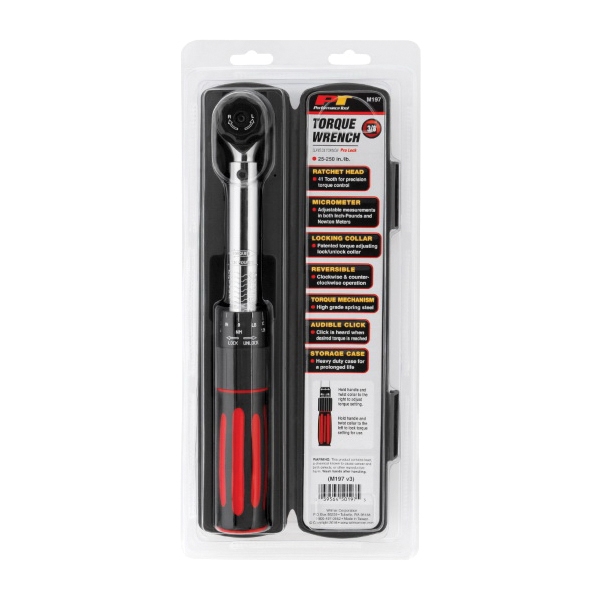 Wilmar M197 Torque Wrench, 3/8 in Drive, 12-1/2 in OAL, 30 to 250 in-lb, Steel - 3