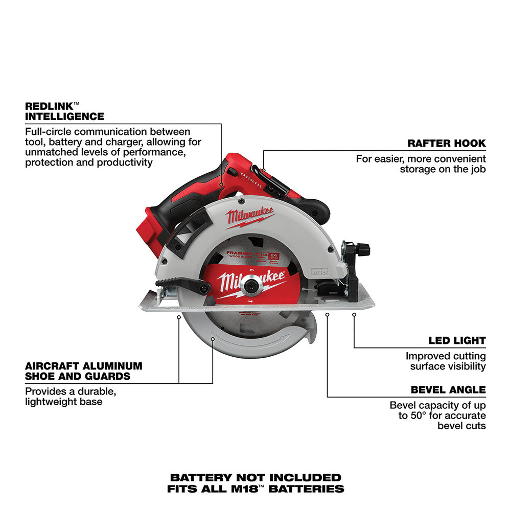 Milwaukee M18 2631-20 Circular Saw, Tool Only, 18 V, 5 Ah, 7-1/4 in Dia Blade, 50 deg Bevel, 1-7/8, 2-1/2 in D Cutting - 3