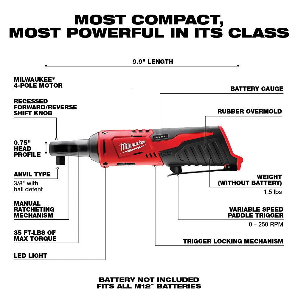 Milwaukee M12 2457-20 Ratchet, Tool Only, 12 V, 1.5 Ah, 3/8 in Drive, Square Drive, 0 to 250 rpm Speed - 2