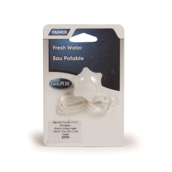 Camco USA 22103 Hose Plug and Cap with Lanyard, Male, White - 2