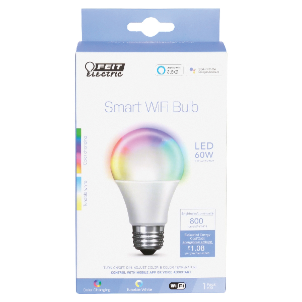 Feit Electric OM60/RGBW/CA/AG Smart Bulb, 9 W, Wi-Fi Connectivity: Yes, Remote, Voice Control, E26 Medium Lamp Base - 3
