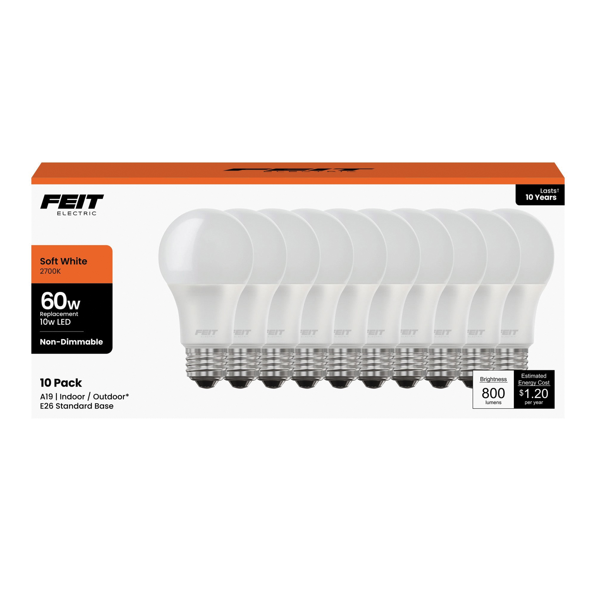 Feit Electric A800/830/10KLED/10 LED Bulb, 120 V, 800 Lumens, 10 W, A19 Lamp, 60 W Equivalent, E26 Lamp Base - 2