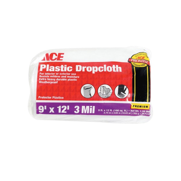 ACE 626249 Drop Cloth, 12 ft L, 9 ft W, 3 mil Thick, Plastic, Clear - 2