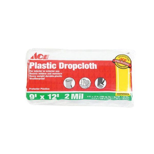 ACE 626241 Drop Cloth, 12 ft L, 9 ft W, 2 mil Thick, Plastic, Clear - 2