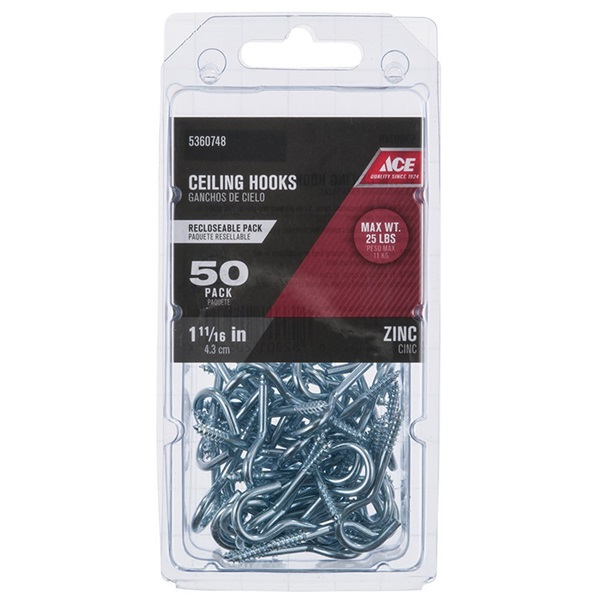 ACE 01-3480-126 Series Ceiling Hook, 25 lb Working Load, Steel, Silver, Zinc, 50/PK - 2