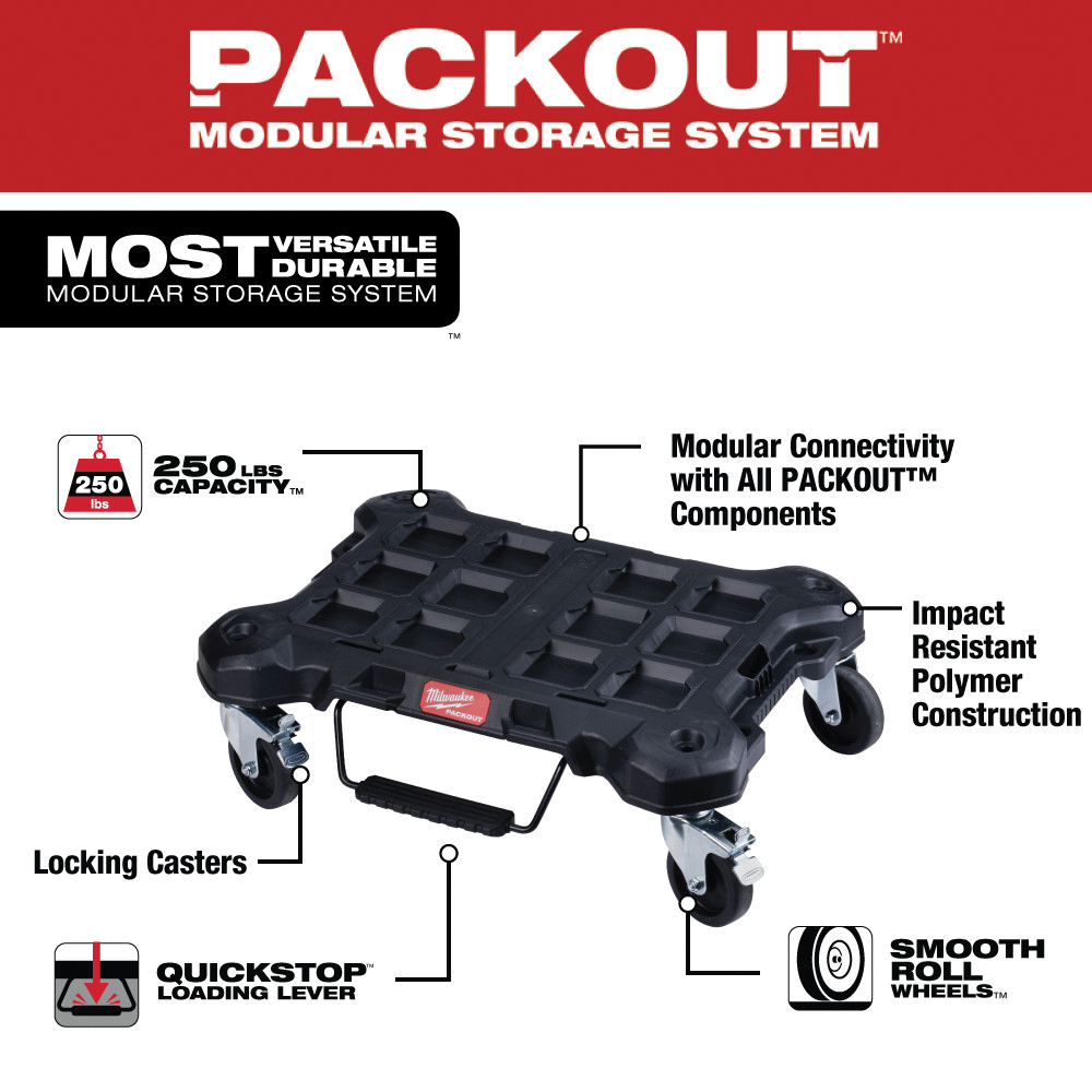 Milwaukee PACKOUT 48-22-8410 Dolly, 250 lb, 4-Wheel, Polymer, Black/Red, 24.4 in OAL, 18.8 in OAW, 7.6 in OAH - 2