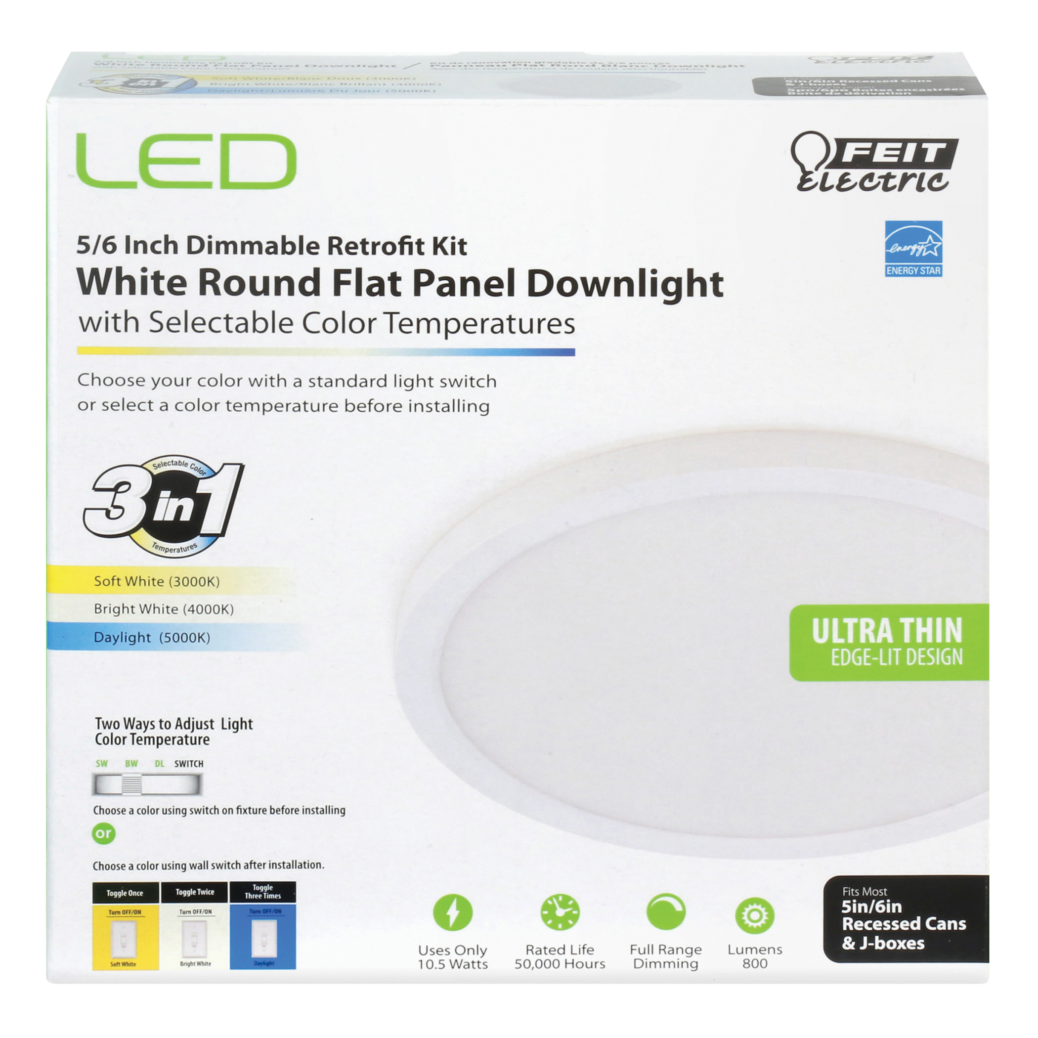 Feit Electric 74206/CA Recessed Downlight, 800 Lumens, 7-1/2 in Dia Dimensions, 5000 K Color Temp, 10.5 W, 120 V - 2