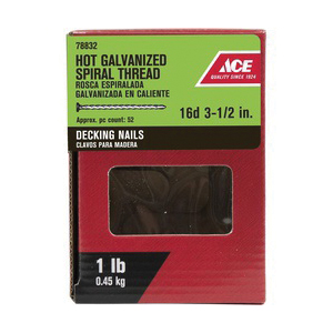 ACE 78832 Deck Nail, 16D, 3-1/2 in L, Steel, Hot-Dipped Galvanized, Flat Head, Spiral Shank, Silver, 1 lb - 2