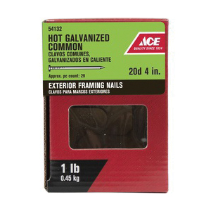 ACE 54132 Framing Nail, 20D, 4 in L, Steel, Hot-Dipped Galvanized, Flat Head, Smooth Shank, Silver, 1 lb - 2