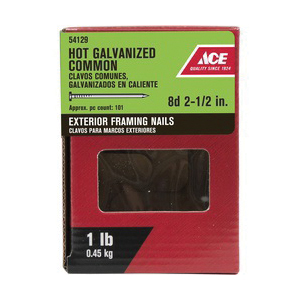 ACE 54129 Common Nail, 8D, 2-1/2 in L, Steel, Hot-Dipped Galvanized, Flat Head, Smooth Shank, Silver, 1 lb - 2