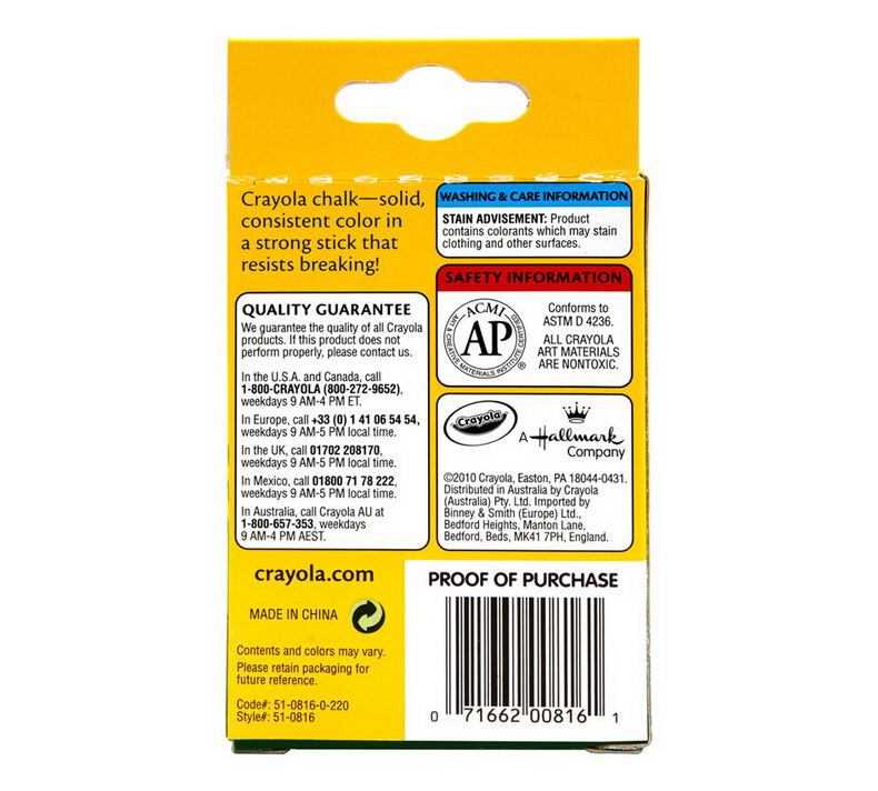 Crayola 5108162009 Children's Chalk, 0.4 in Dia, 3.3 in L, Blue/Green/Orange/Red/Violet/Yellow - 3