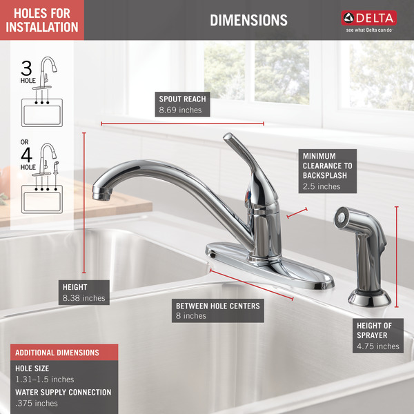 Delta Classic Series 400-SS-DST Kitchen Faucet, 1.8 gpm, 4-Faucet Hole, Metal, Stainless, Deck, 8 in Faucet Centers - 5