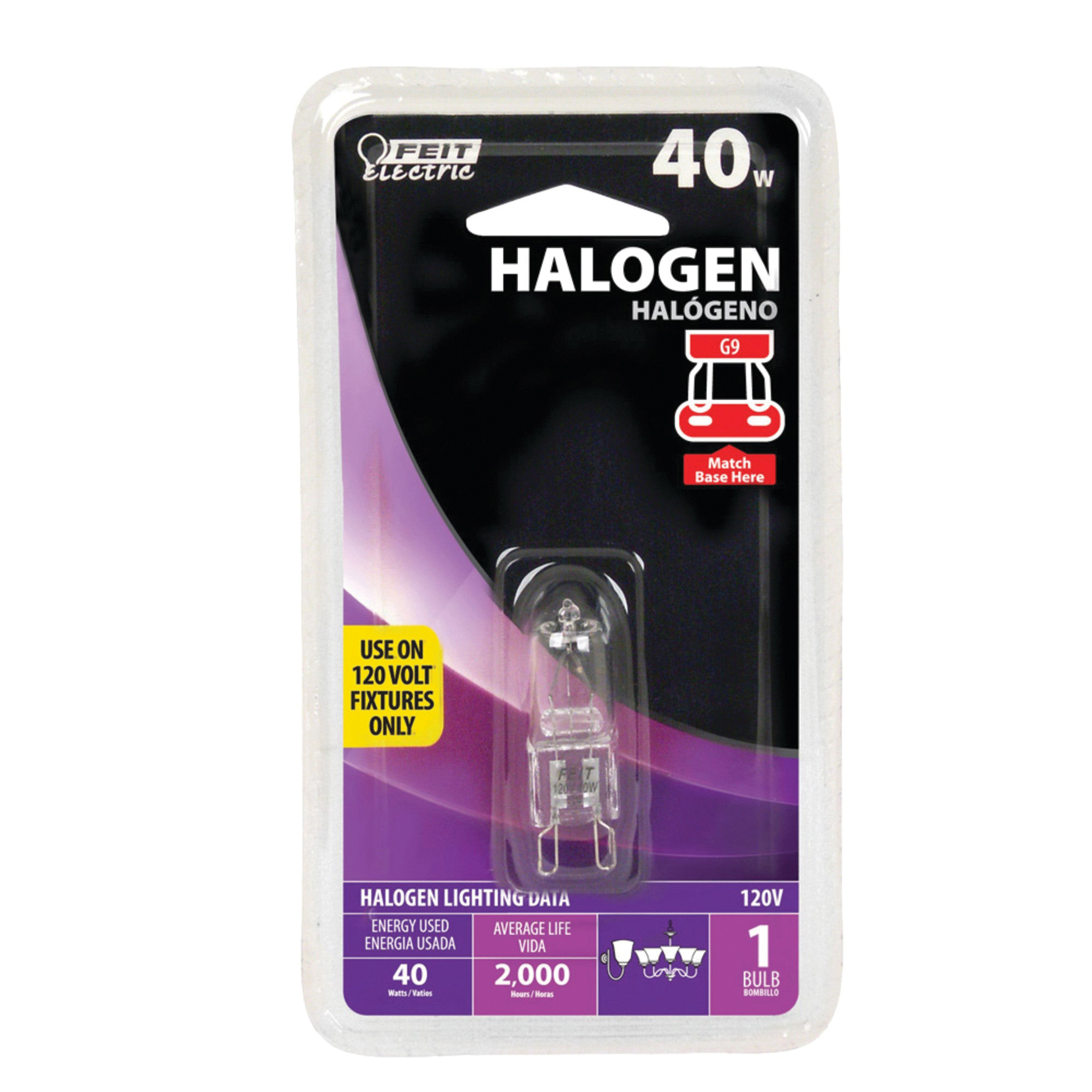 Feit Electric BPQ40/G9 Halogen Bulb, 40 W, G9 Lamp Base, T4 Lamp, 470 Lumens, 3000 K Color Temp, 2000 hr Average Life - 3