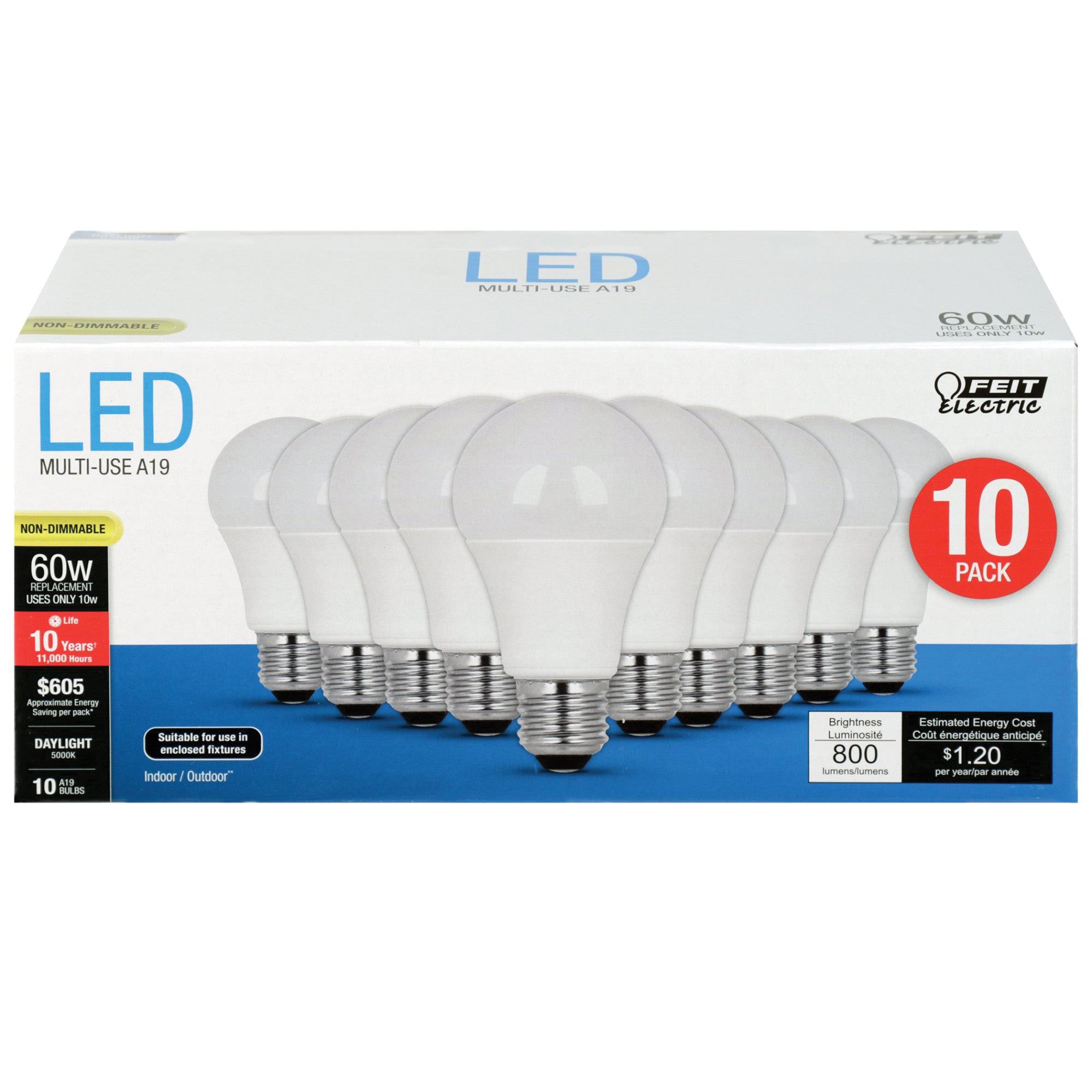 Feit Electric A800/850/10KLED/10 LED Bulb, General Purpose, 800 Lumens, 10 W, A19 Lamp, 60 W Equivalent, E26 Lamp Base - 2
