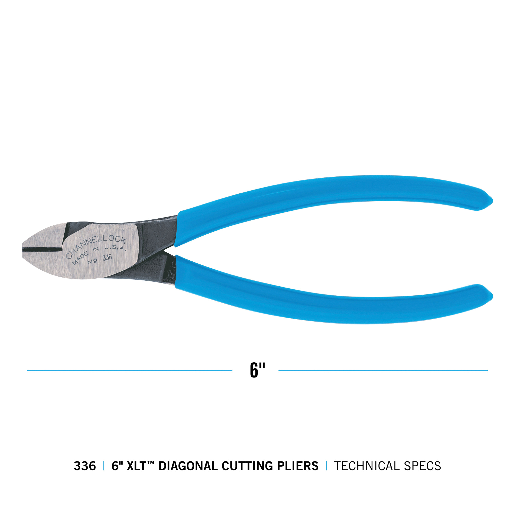 Channellock E336 Diagonal Lap Joint Cutting Pliers, 6.01 in OAL, Blue Handle, Dipped Handle, 3/4 in W Jaw, 9/16 in L Jaw - 2