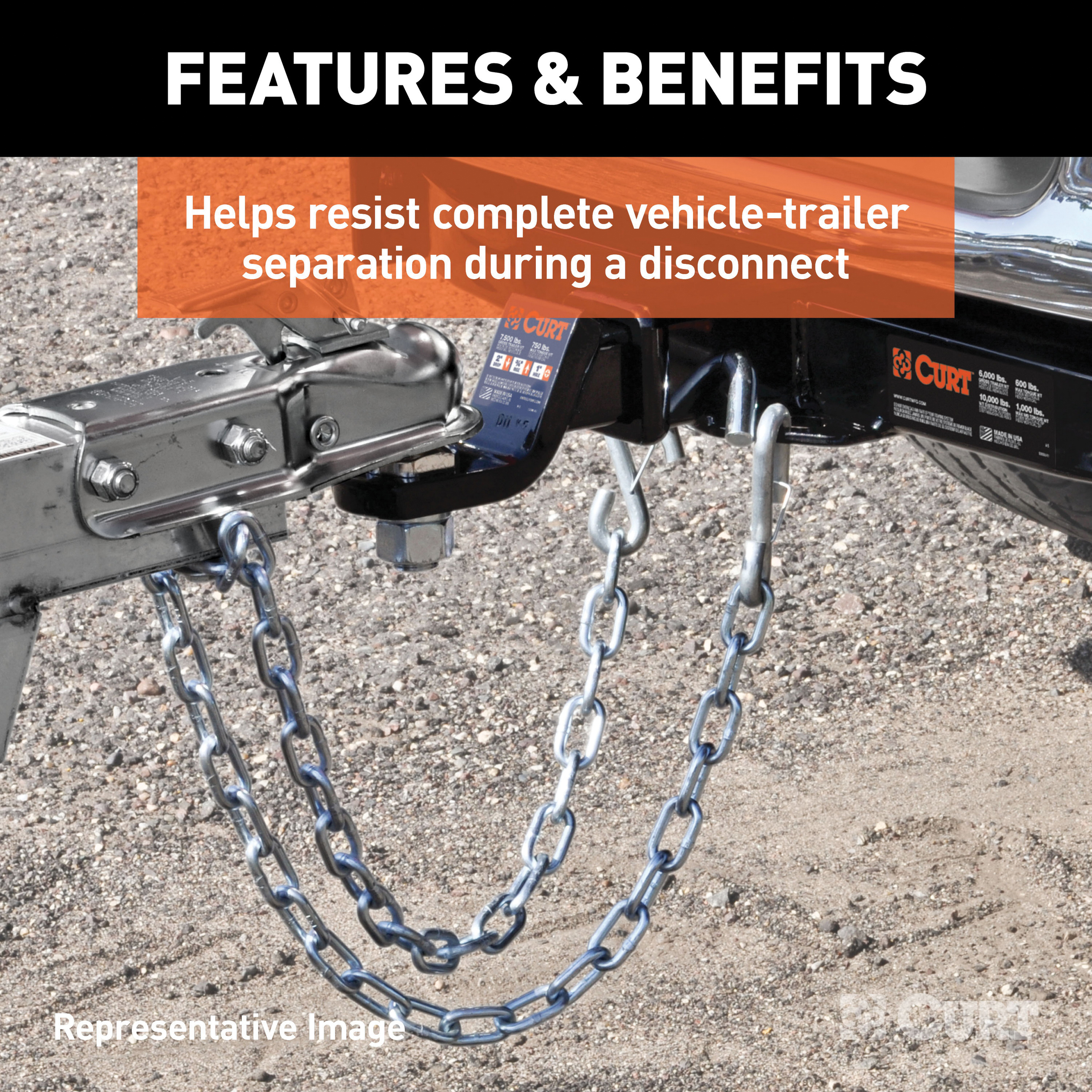 Curt 80031 Safety Chain, 48 in L, 30 Grade, 5000 lb Working Load, Steel, Zinc - 5