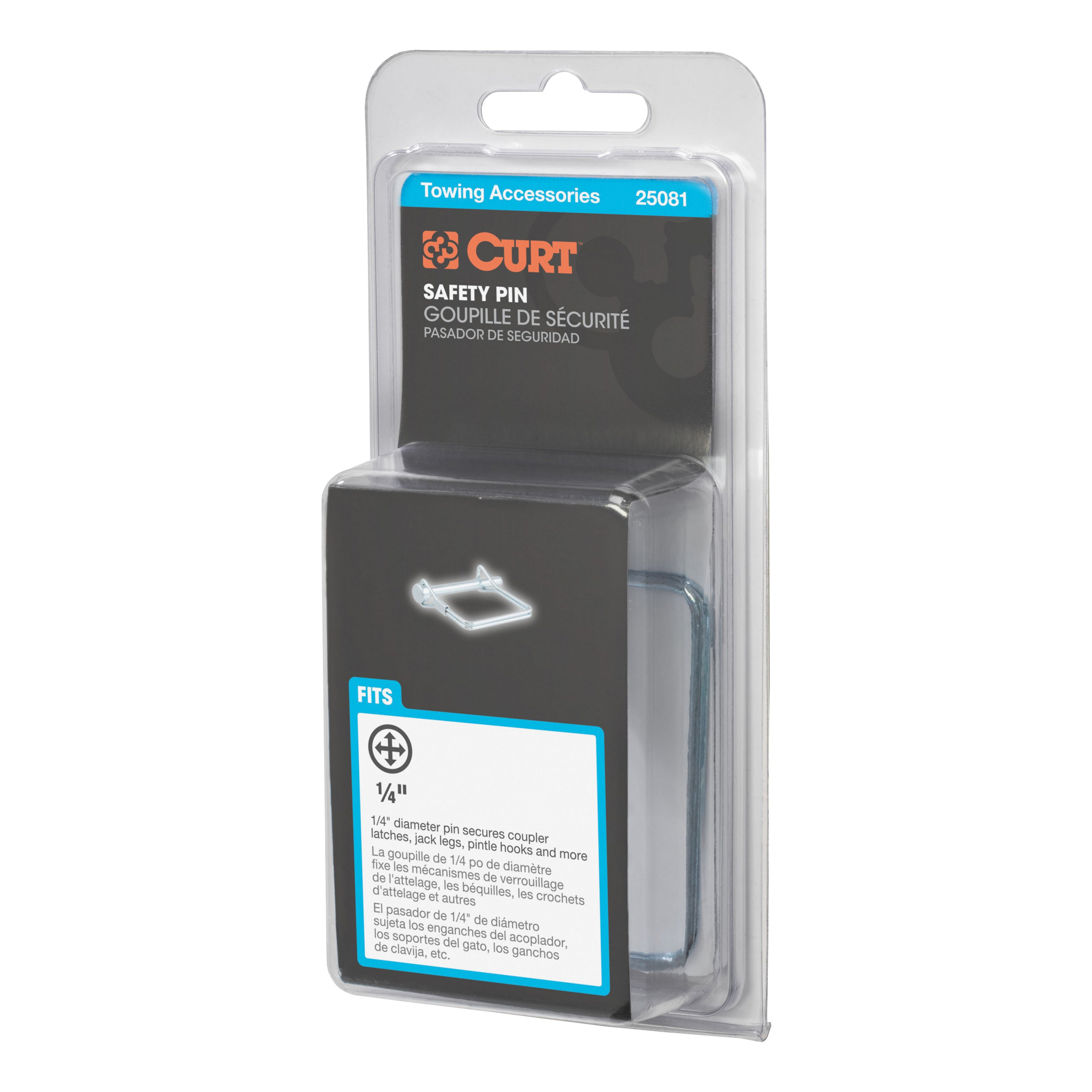 Curt 25081 Safety Pin, 1/4 in Dia Pin, 2-3/4 in OAL, Carbon Steel, Zinc - 5