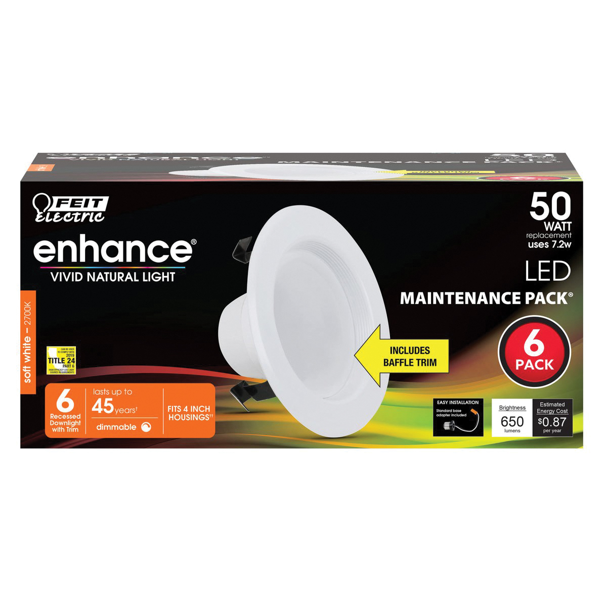 Feit Electric LEDR4B/927CA/MP/6 Recessed Downlight, 540 Lumens, 4 in Dimensions, 2700 K Color Temp, 7.2 W, 120 V, 6/PK - 2