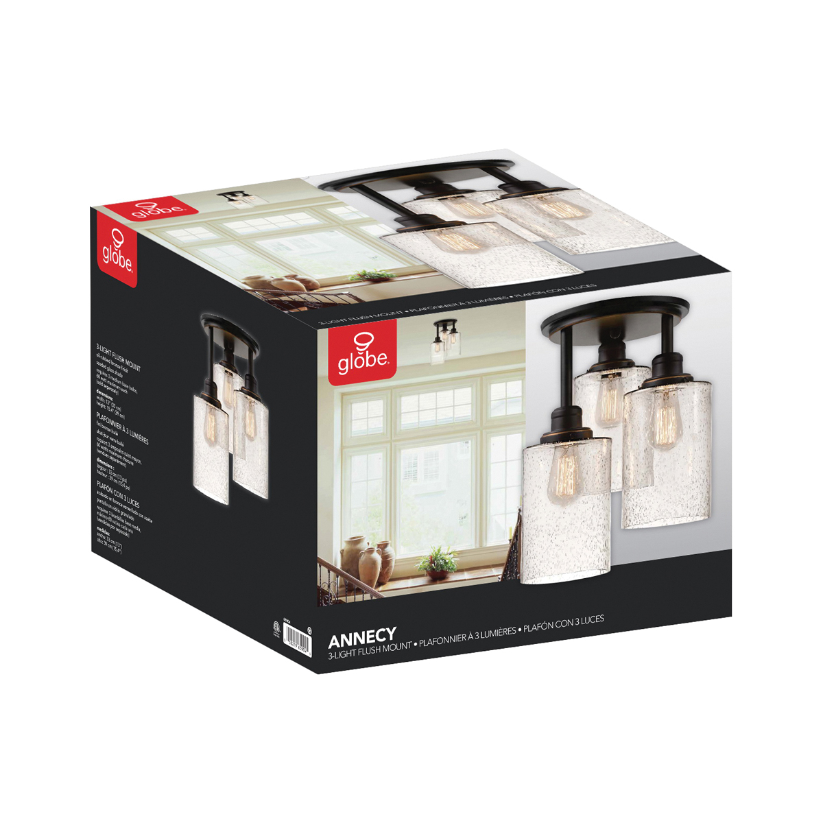 globe Annecy Series 65904 Semi-Flush Mount Ceiling Light, 180 W, 3-Lamp, Incandescent, LED Lamp, Metal Fixture - 5